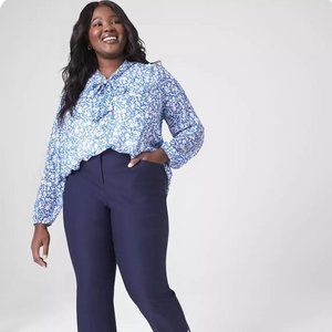 Lane Bryant Classic Long Sleeve Tie Neck Popover Blouse Blue Floral Size 18